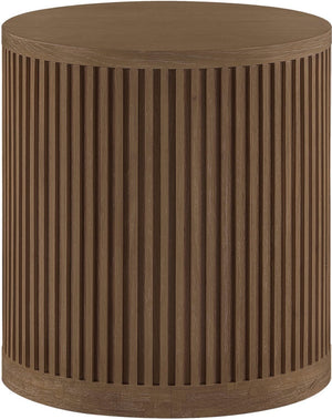 Meridian Furniture Madera Fluted Cylindrical Oak Veneer End Table with Art Deco Sculptural Style for Living Room Brown Walnut 77031Brown-ET