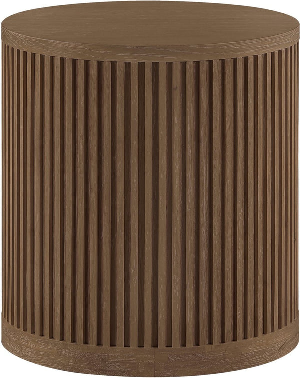Meridian Furniture Madera Fluted Cylindrical Oak Veneer End Table with Art Deco Sculptural Style for Living Room Brown Walnut 77031Brown-ET
