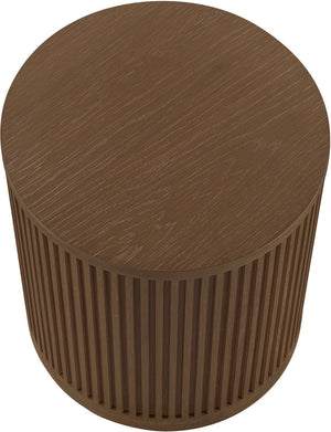 Meridian Furniture Madera Fluted Cylindrical Oak Veneer End Table with Art Deco Sculptural Style for Living Room Brown Walnut 77031Brown-ET
