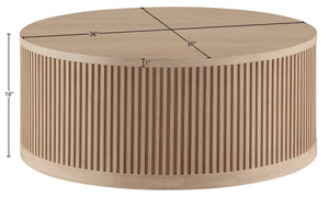 Meridian Furniture Madera Fluted Drum Round Oak Veneer Coffee Table with Caster Wheels for Bold Living Rooms Natural 77031Natural-CT