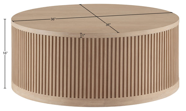 Meridian Furniture Madera Fluted Drum Round Oak Veneer Coffee Table with Caster Wheels for Bold Living Rooms Natural 77031Natural-CT