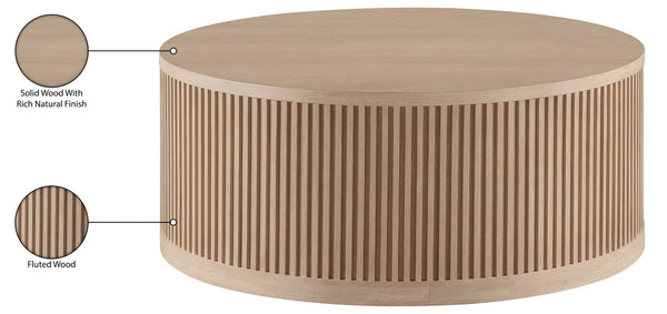 Meridian Furniture Madera Fluted Drum Round Oak Veneer Coffee Table with Caster Wheels for Bold Living Rooms Natural 77031Natural-CT