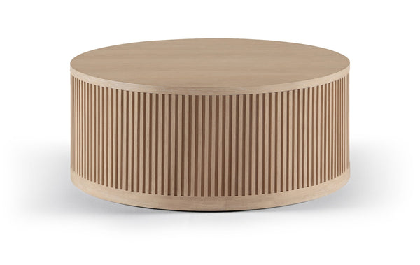 Meridian Furniture Madera Fluted Drum Round Oak Veneer Coffee Table with Caster Wheels for Bold Living Rooms Natural 77031Natural-CT