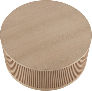 Meridian Furniture Madera Fluted Drum Round Oak Veneer Coffee Table with Caster Wheels for Bold Living Rooms Natural 77031Natural-CT