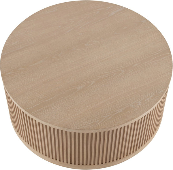 Meridian Furniture Madera Fluted Drum Round Oak Veneer Coffee Table with Caster Wheels for Bold Living Rooms Natural 77031Natural-CT