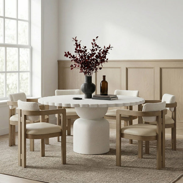 Meridian Furniture Petalia Round Concrete Dining Table Art Deco Sculptural Design for Indoor Outdoor Use Cream 60 inches 77032Cream-DT60
