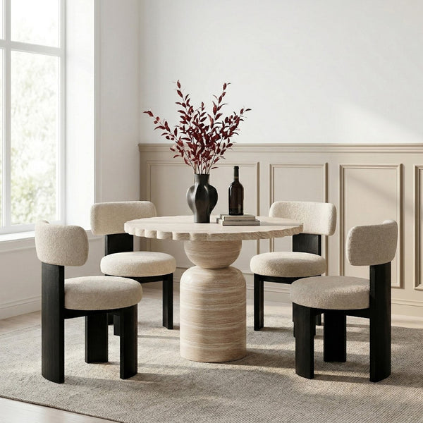 Meridian Furniture Petalia Round Concrete Dining Table Art Deco Sculptural Design for Indoor Outdoor Use Travertine 36 inches 77032Travertine-DT36