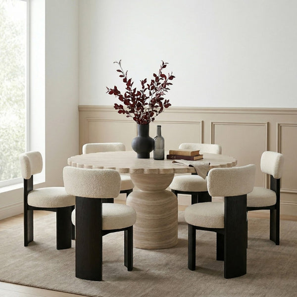Meridian Furniture Petalia Round Concrete Dining Table Art Deco Sculptural Design for Indoor Outdoor Use Travertine 54 inches 77032Travertine-DT54