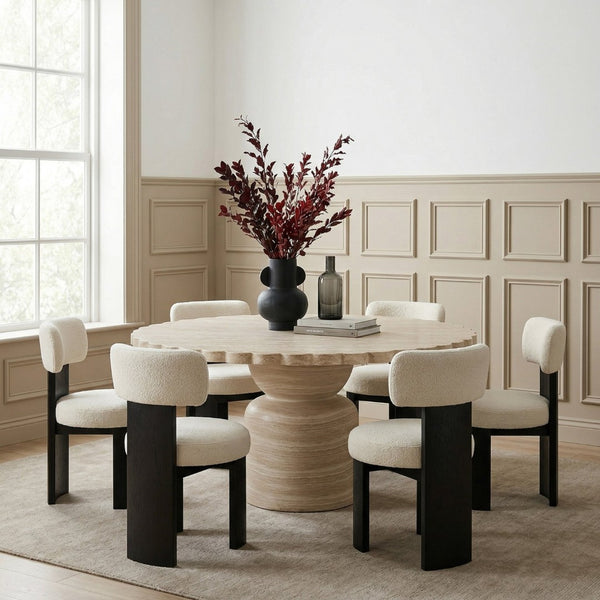 Meridian Furniture Petalia Round Concrete Dining Table Art Deco Sculptural Design for Indoor Outdoor Use Travertine 60 inches 77032Travertine-DT60