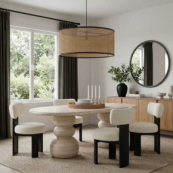 Meridian Furniture Navo Sculptural Concrete Dining Table with Travertine Finish and Dual Pedestal Base 77036Travertine-DT
