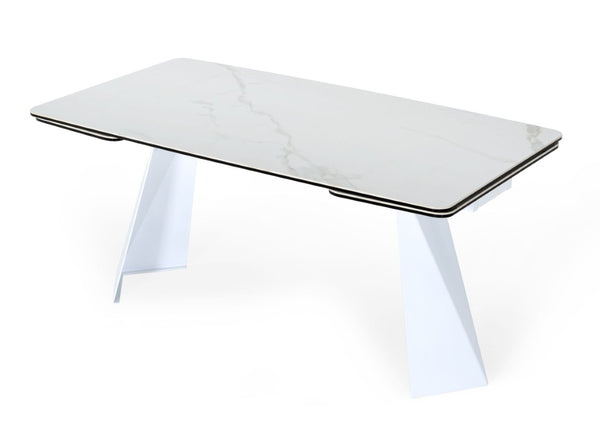 VIG Furniture Encanto Extendable White Ceramic Dining Table With Pyramid Metal Base, Seats 8–10, Family-Friendly VGNS8762-DT