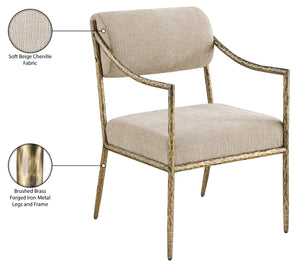 Meridian Furniture Bastille Chenille Upholstered Dining Arm Chair with Forged Iron Legs for Elegant Rooms Beige Set of 1 77037Beige-AC