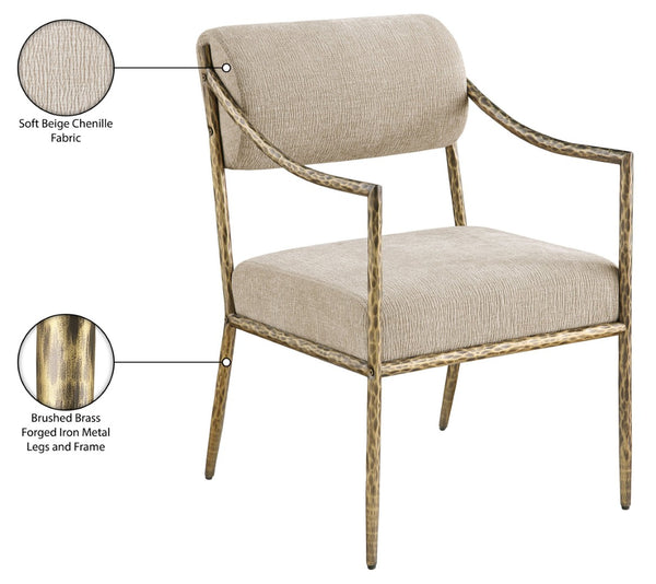 Meridian Furniture Bastille Chenille Upholstered Dining Arm Chair with Forged Iron Legs for Elegant Rooms Beige Set of 1 77037Beige-AC