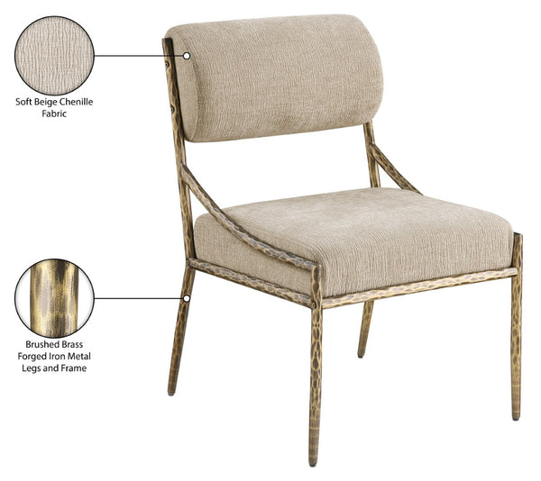 Meridian Furniture Bastille Chenille Upholstered Arm Chair with Brushed Brass Iron Frame for Dining 77037Beige-SC