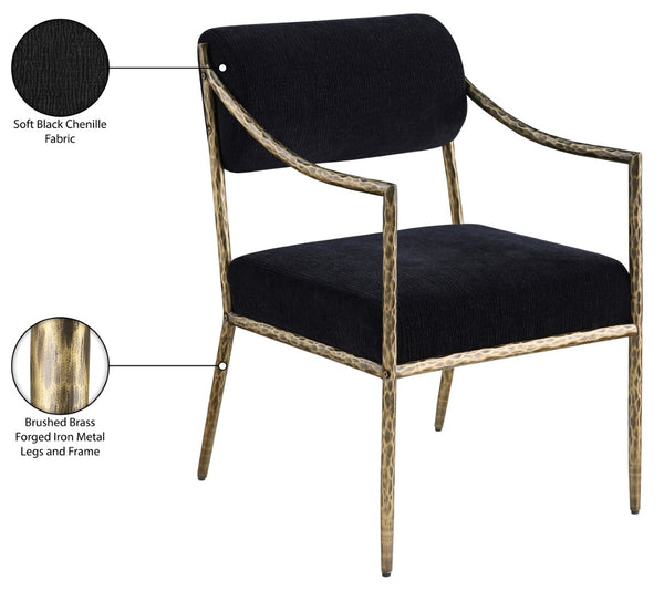 Meridian Furniture Bastille Chenille Upholstered Dining Arm Chair with Forged Iron Legs for Elegant Rooms Black Set of 1 77037Black-AC