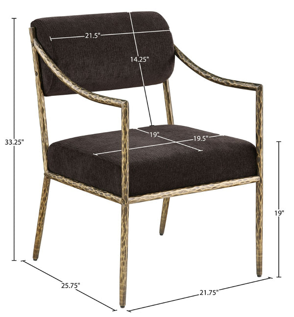 Meridian Furniture Bastille Chenille Upholstered Dining Arm Chair with Forged Iron Legs for Elegant Rooms Brown Set of 1 77037Brown-AC
