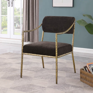 Meridian Furniture Bastille Chenille Upholstered Dining Arm Chair with Forged Iron Legs for Elegant Rooms Brown Set of 1 77037Brown-AC