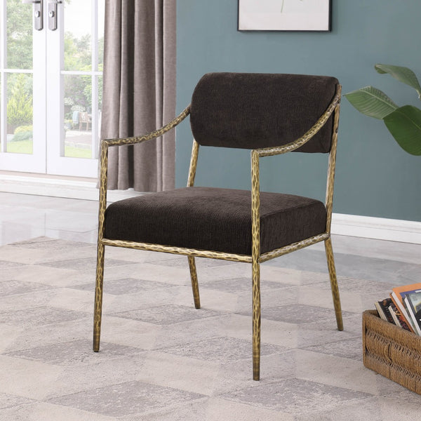 Meridian Furniture Bastille Chenille Upholstered Dining Arm Chair with Forged Iron Legs for Elegant Rooms Brown Set of 1 77037Brown-AC