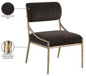 Meridian Furniture Bastille Chenille Upholstered Dining Chair with Brass Iron Frame and Curved Arms 77037Brown-SC