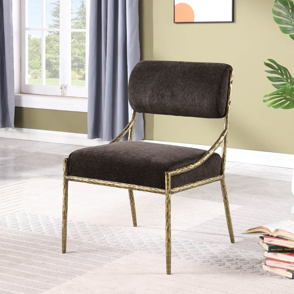 Meridian Furniture Bastille Chenille Upholstered Dining Chair with Brass Iron Frame and Curved Arms 77037Brown-SC