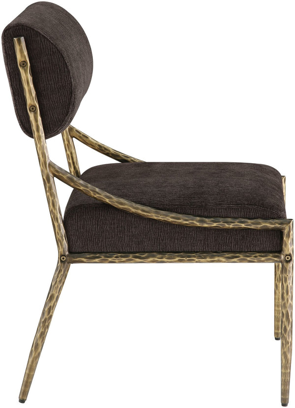 Meridian Furniture Bastille Chenille Upholstered Dining Chair with Brass Iron Frame and Curved Arms 77037Brown-SC