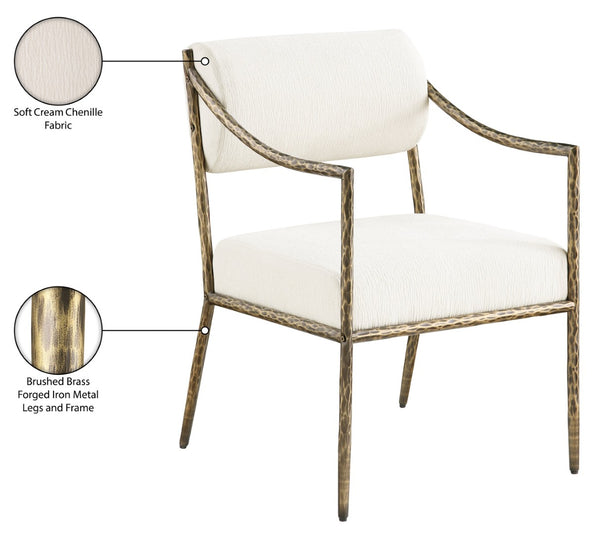 Meridian Furniture Bastille Chenille Upholstered Dining Arm Chair with Forged Iron Legs for Elegant Rooms Cream Set of 1 77037Cream-AC