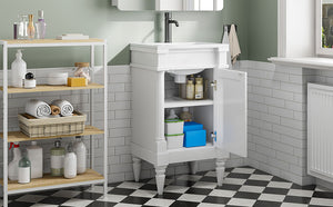 English Elm 18-Inch Modern Bathroom Vanity with Sink Compact Retro Design Durable MDF & Solid Wood Legs Storage-Friendly White N710P257401K