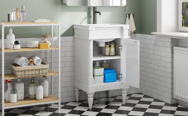 English Elm 18-Inch Modern Bathroom Vanity with Sink Compact Retro Design Durable MDF & Solid Wood Legs Storage-Friendly White N710P257401K