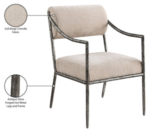 Meridian Furniture Bastille Chenille Upholstered Dining Arm Chair with Forged Iron Legs for Elegant Rooms Beige Set of 2 77038Beige-AC
