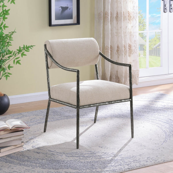 Meridian Furniture Bastille Chenille Upholstered Dining Arm Chair with Forged Iron Legs for Elegant Rooms Beige Set of 2 77038Beige-AC