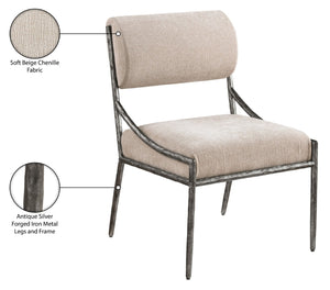 Meridian Furniture Bastille Chenille Upholstered Dining Chair with Forged Iron Antique Silver Frame 77038Beige-SC