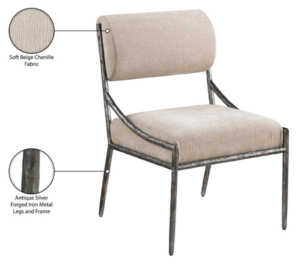 Meridian Furniture Bastille Chenille Upholstered Dining Chair with Forged Iron Antique Silver Frame 77038Beige-SC