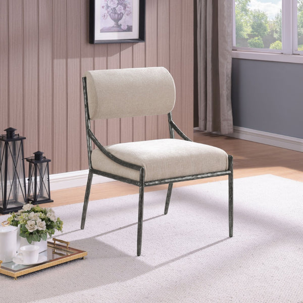 Meridian Furniture Bastille Chenille Upholstered Dining Chair with Forged Iron Antique Silver Frame 77038Beige-SC