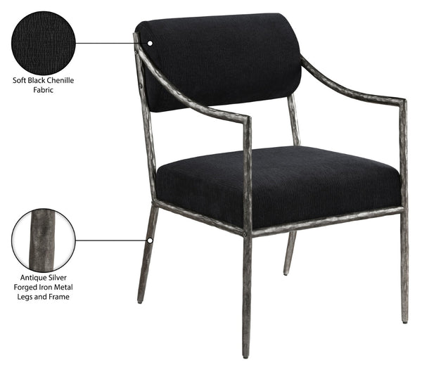 Meridian Furniture Bastille Chenille Upholstered Dining Arm Chair with Forged Iron Legs for Elegant Rooms Black Set of 2 77038Black-AC