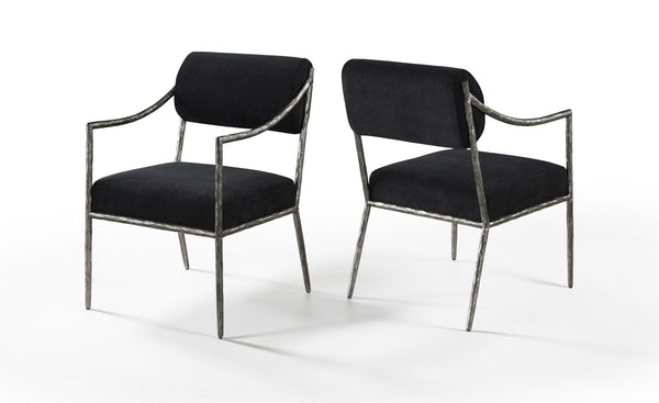 Meridian Furniture Bastille Chenille Upholstered Dining Arm Chair with Forged Iron Legs for Elegant Rooms Black Set of 2 77038Black-AC