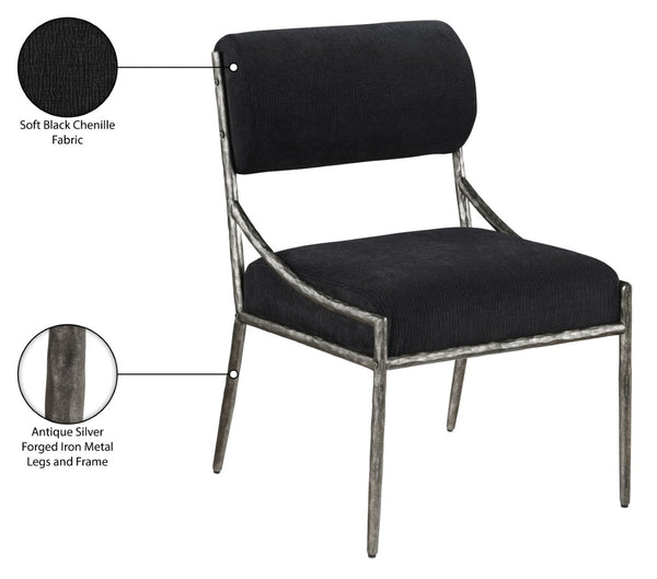 Meridian Furniture Bastille Forged Iron Chenille Upholstered Dining Chair with Antique Silver Finish 77038Black-SC