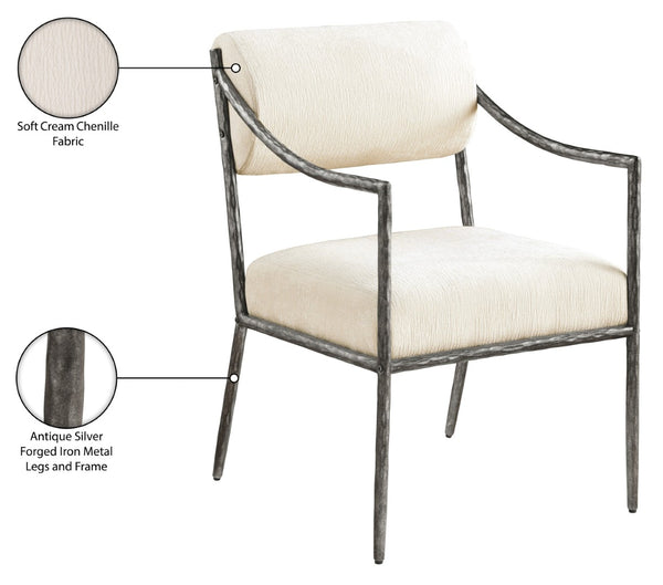 Meridian Furniture Bastille Chenille Upholstered Dining Arm Chair with Forged Iron Legs for Elegant Rooms Cream Set of 2 77038Cream-AC