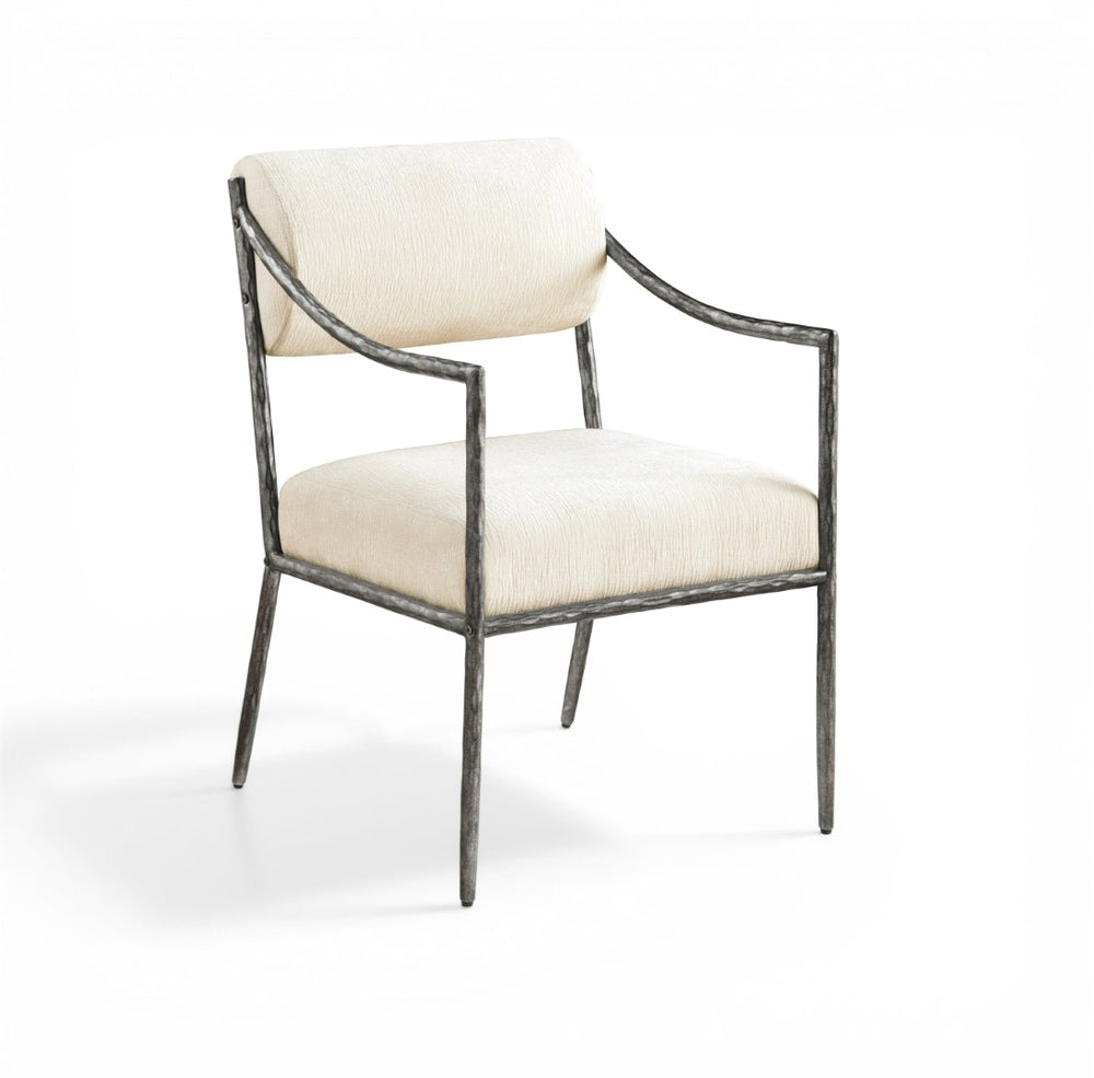 Meridian Furniture Bastille Chenille Upholstered Dining Arm Chair with Forged Iron Legs for Elegant Rooms Cream Set of 2 77038Cream-AC