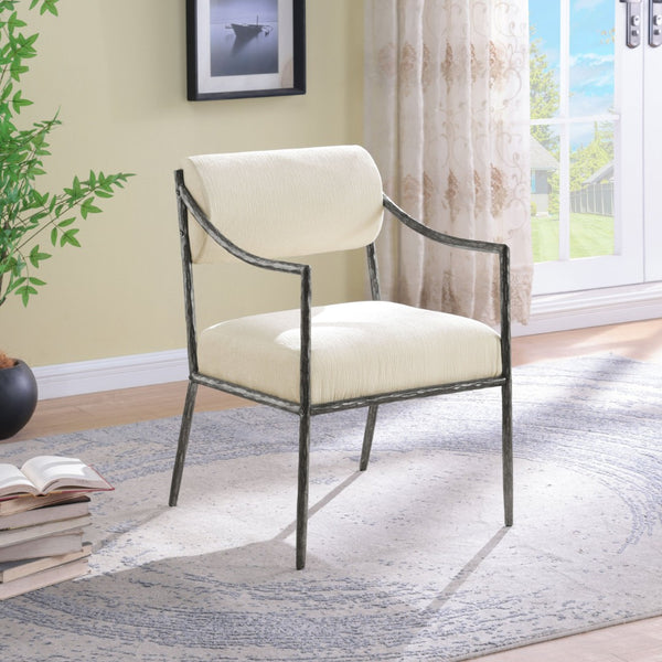 Meridian Furniture Bastille Chenille Upholstered Dining Arm Chair with Forged Iron Legs for Elegant Rooms Cream Set of 2 77038Cream-AC