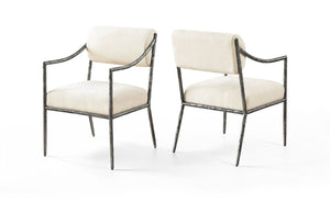 Meridian Furniture Bastille Chenille Upholstered Dining Arm Chair with Forged Iron Legs for Elegant Rooms Cream Set of 2 77038Cream-AC