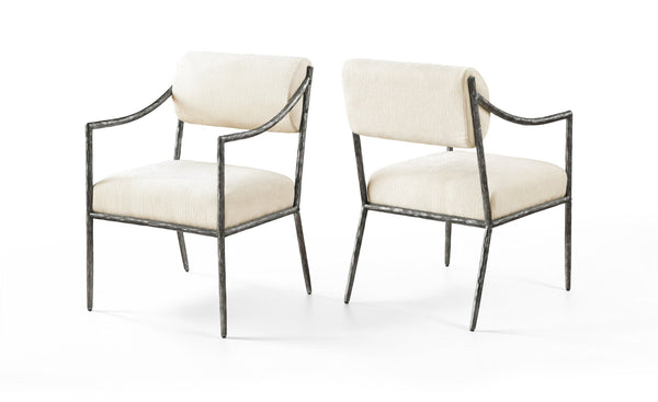 Meridian Furniture Bastille Chenille Upholstered Dining Arm Chair with Forged Iron Legs for Elegant Rooms Cream Set of 2 77038Cream-AC