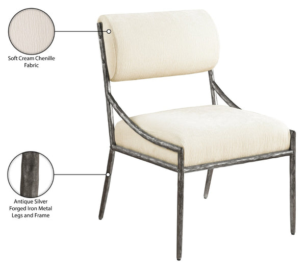 Meridian Furniture Bastille Chenille Upholstered Arm Chair with Forged Iron Frame for Elegant Dining 77038Cream-SC