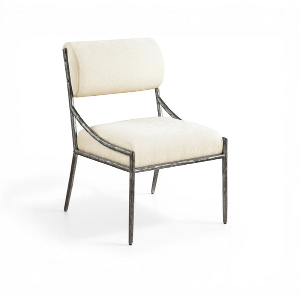 Meridian Furniture Bastille Chenille Upholstered Arm Chair with Forged Iron Frame for Elegant Dining 77038Cream-SC