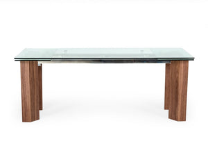 VIG Furniture Helena Extendable Glass Dining Table With Walnut Legs, Stainless Steel Frame & Tempered Top, Seats 8–10 VGEWD2048MA
