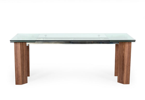 VIG Furniture Helena Extendable Glass Dining Table With Walnut Legs, Stainless Steel Frame & Tempered Top, Seats 8–10 VGEWD2048MA