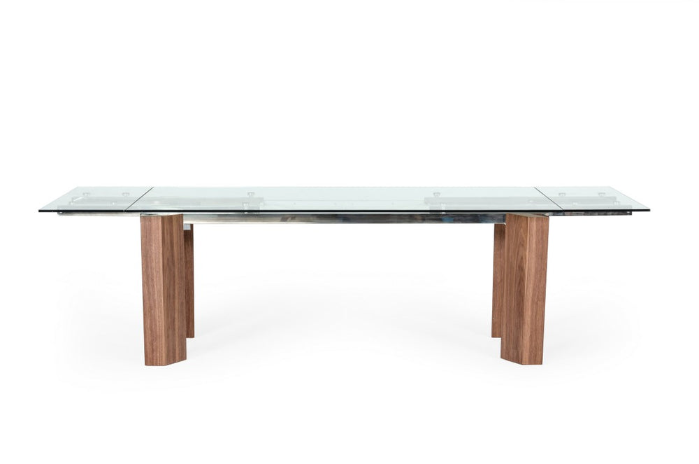 VIG Furniture Helena Extendable Glass Dining Table With Walnut Legs, Stainless Steel Frame & Tempered Top, Seats 8–10 VGEWD2048MA