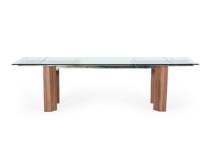 VIG Furniture Helena Extendable Glass Dining Table With Walnut Legs, Stainless Steel Frame & Tempered Top, Seats 8–10 VGEWD2048MA