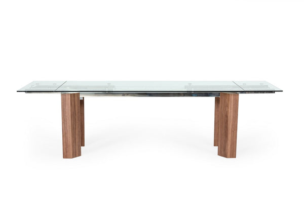 VIG Furniture Helena Extendable Glass Dining Table With Walnut Legs, Stainless Steel Frame & Tempered Top, Seats 8–10 VGEWD2048MA