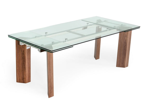 VIG Furniture Helena Extendable Glass Dining Table With Walnut Legs, Stainless Steel Frame & Tempered Top, Seats 8–10 VGEWD2048MA