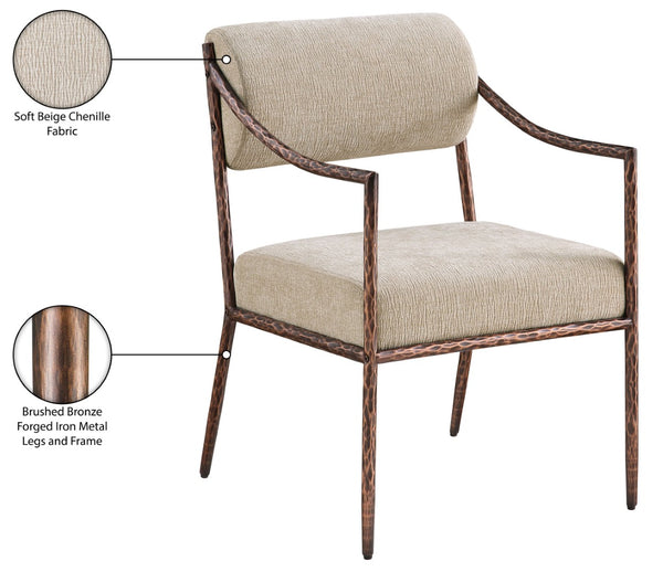 Meridian Furniture Bastille Chenille Upholstered Dining Arm Chair with Forged Iron Legs for Elegant Rooms Beige Set of 4 77039Beige-AC